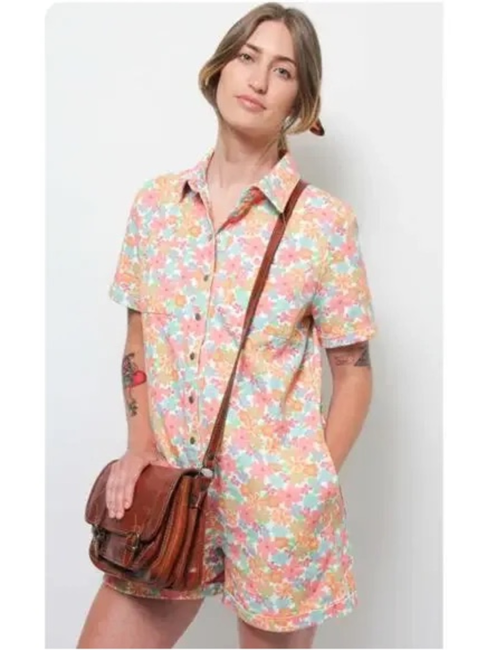Storia Warhol Multi Floral Short-Sleeve Denim Romper with Pockets